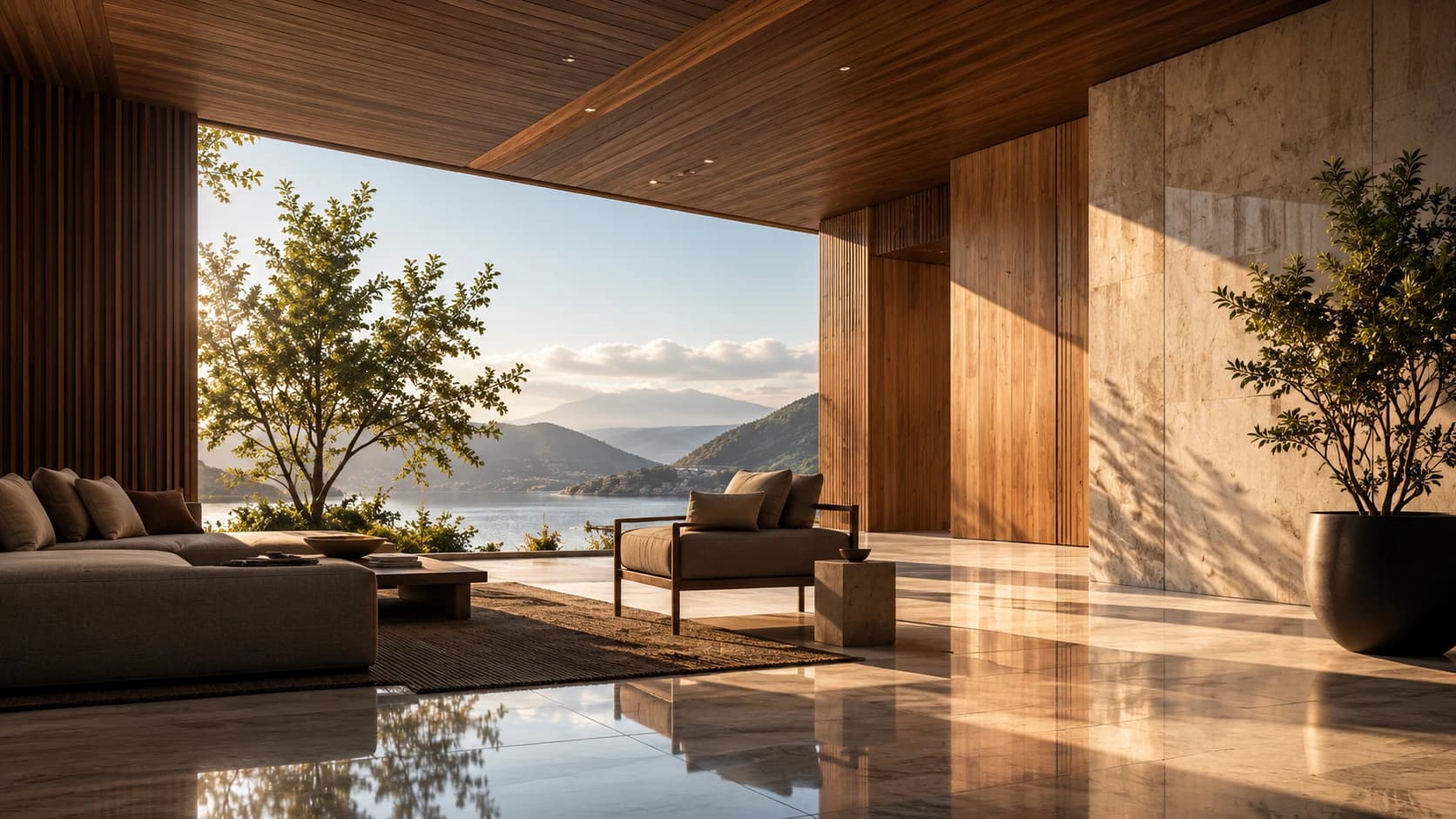 A sunlit living room lined in timber, opening onto a lake and hills